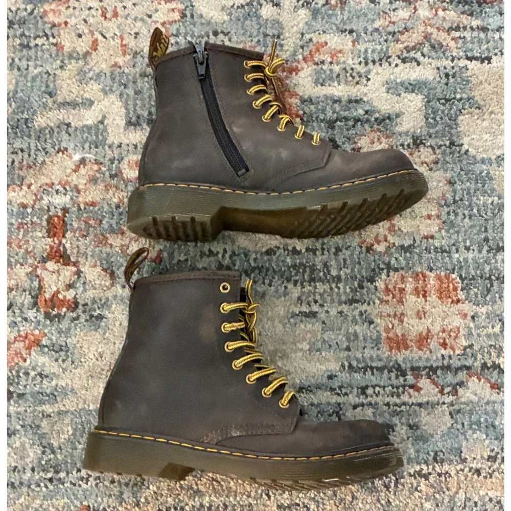 Dr. Martens Boots Kids 2 Brown Leather Lace Up Side Zip Combat 1460J